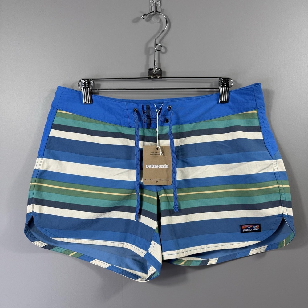 NWT Patagonia Shorts Womens 6 Blue Stripe Wavefarer 5 In Nylon Boardshorts